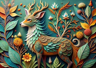 Obraz premium Fantastical animal illustrations with intricate paper cutouts, whimsical mood, mix of realistic and fantastical animal details, and concept of fantasy and storytelling.