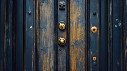 Old wooden rustic door, aged and grunge texture creating vintage look. Weathered oak wood with brown details, rusty iron handle, lock, and keyhole. Rough surface and textured metal elements