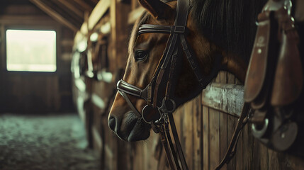 Obraz premium Close-up of the head of a beautiful brown horse, a tame purebred stallion peeking out of its stall inside a wooden farm house or stable, on a vintage ranch, with reins, live stock animal, hayloft