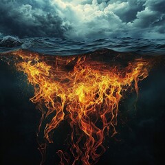 Fire and water blend dramatically under a stormy sky at twilight