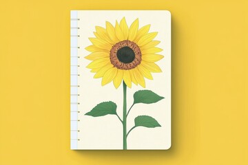 Sunflower illustration on a notebook cover with vibrant yellow backdrop, symbolizing creativity and brightness in artistic floral design