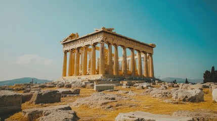 Obraz premium Empty Parthenon with an open field and clear skies, showcasing the ancient Greek temple in its historic setting