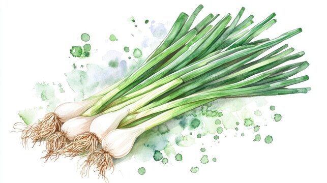 Vibrant Watercolor Illustration of Fresh Green Onions for Culinary Inspiration