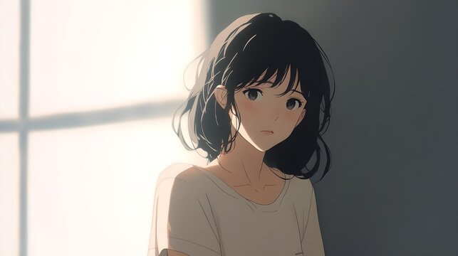 An anime character is shown in a gentle pose, such as leaning against a wall or standing with arms relaxed.