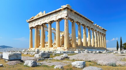 Obraz premium Empty Parthenon with an open field and clear skies, showcasing the ancient Greek temple in its historic setting