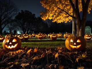 Jack o lanterns in grave at night. Halloween background