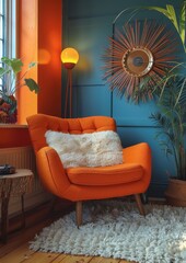 Retro Living Room A funky living room with mid-century furniture, bold colors, and vintage accessories. Include a vinyl record player and a shag rug