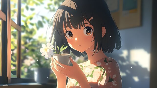 An anime character interacts with a simple object, like holding a flower or cup.