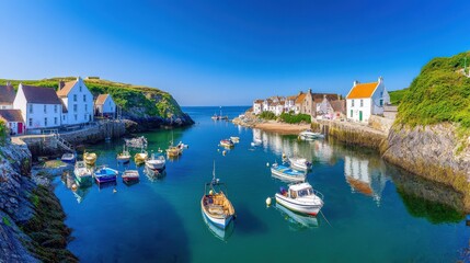 Fototapeta premium Picturesque Harbor Village with Boats in Calm Blue Water