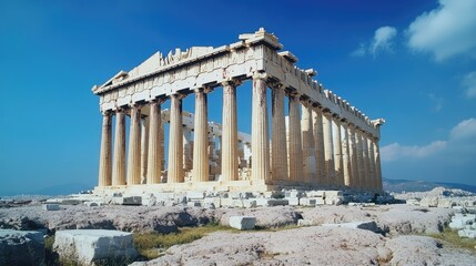 Naklejka premium Empty Parthenon with an open field and clear skies, showcasing the ancient Greek temple in its historic setting