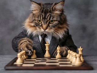 Advertising image a very stylish realistic cat in a business suit  playing in chess.