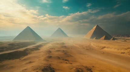 Empty Pyramids of Giza with a vast desert landscape in the foreground, highlighting the ancient wonders in isolation