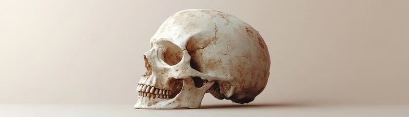 3D skull model in high detail, showing signs of wear and decay, rendered on a soft, muted beige background