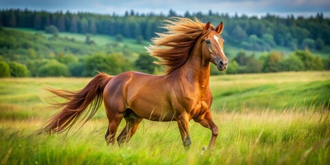 Fototapeta premium A young brown horse with a flowing mane and tail stands proudly in a lush meadow, its coat