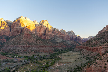 Stunning views of red rock mountains at Zion National Park, Utah.