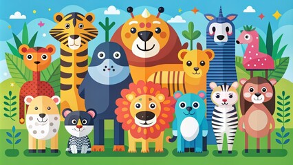 Naklejka premium flat design illustrations of cartoon animals with bold shapes and bright colors