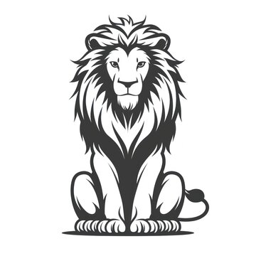 recommend clip art: Black and white illustration of a lion sitting on white background.