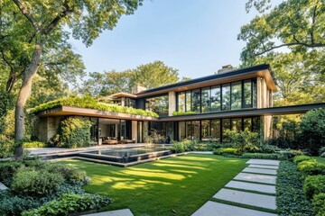 Fototapeta premium a Spacious contemporary house with lush greenery surrounding it , ai