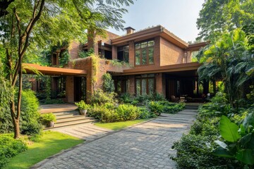 a Spacious contemporary house with lush greenery surrounding it , ai