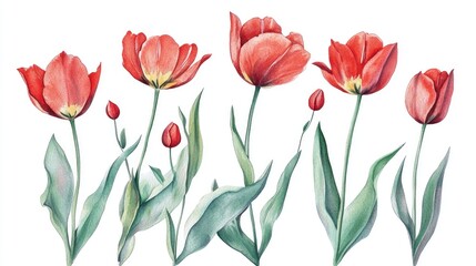 Obraz premium Exquisite Watercolor Illustration of Vibrant Red Tulips in Bloom