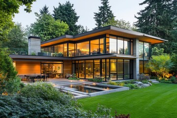 Naklejka premium a Spacious contemporary house with lush greenery surrounding it , ai
