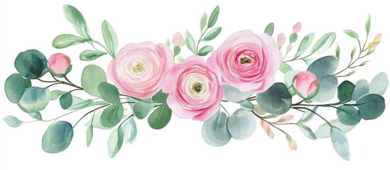 Elegant Watercolor Floral Arrangement Featuring Romantic Pink Roses and Eucalyptus Leaves