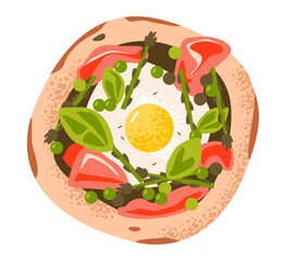 Pizza with bacon, fried egg and herbs, top view. Flat illustration isolated on white background