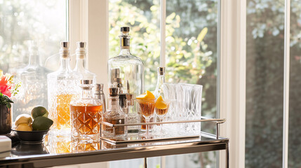 A chic home bar setup with a mirrored bar cart, crystal decanters, and a stylish selection of cocktail ingredients and glassware. The bar cart is placed next to a window with natural light