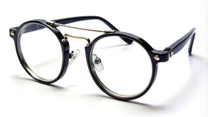 Black-framed eyeglasses with a rounded shape and clip-on lens rest against a pristine white backdrop, creating a