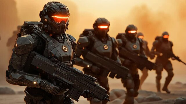 Army of space marines walking in the desert, cyborgs, robots army
