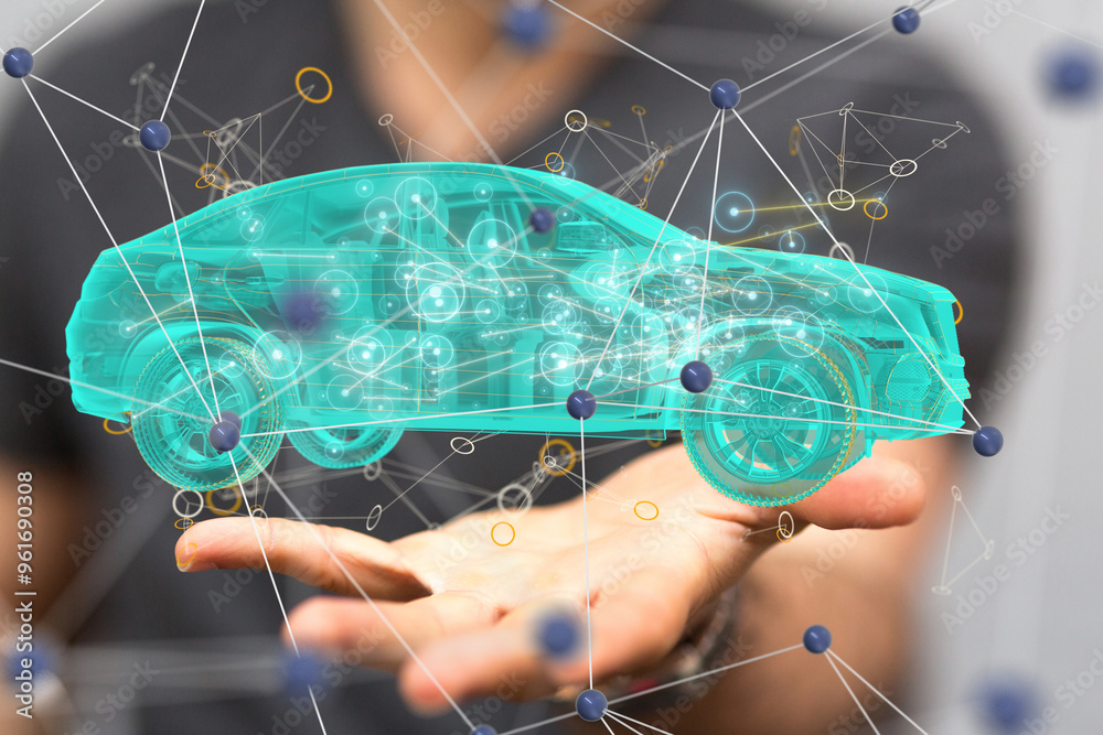 Poster autonomous car with hud graphic of navigation system driving