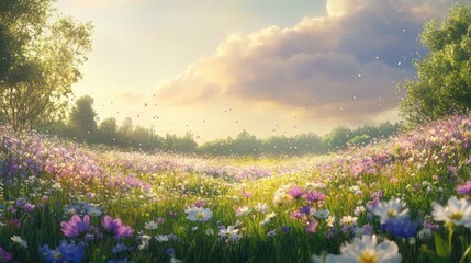 Fototapeta premium Gentle spring breeze rustling through a field of flowers, representing the lightness of the season.