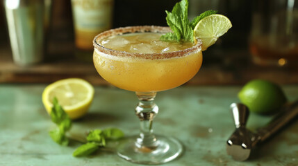 Fototapeta premium A French daiquiri is a refreshing cocktail made with cognac, syrup, lemon juice, mint, and ice. It's served in a glass with a brown sugar rim and often has bar tools nearby.