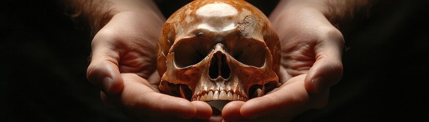 Two hands cradle a polished skull from below, the bone's surface glowing softly under clean, ambient light.