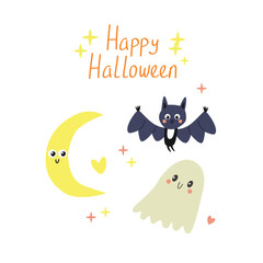 Halloween cute card. Hand drawn calligraphy and cute halloween elements. Vector illustration in flat style