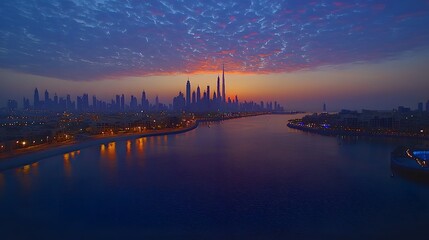 Fototapeta premium Stunning skyline of a city at sunset with vibrant clouds and reflections on the water.