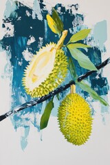 Simple oil painting of durian on white background.