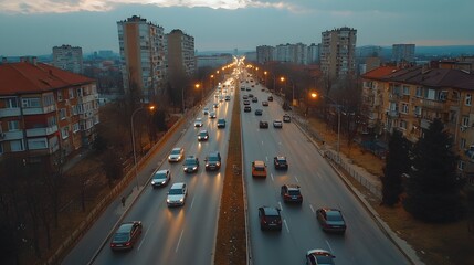 Naklejka premium Aerial view of a bustling city street at twilight with cars and soft streetlights.