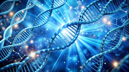 A detailed representation of DNA strands intertwining against a striking blue background that illuminates the molecular environment, showcasing genetic structure and complexity