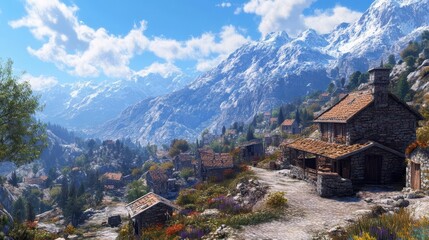 Fototapeta premium A quiet village nestled in the mountains under a clear blue sky, with a sense of peaceful isolation from the world