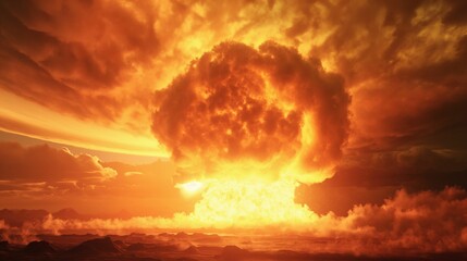 Naklejka premium Powerful explosion creates a dramatic mushroom cloud over a desolate landscape at dusk