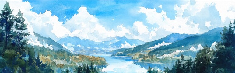 Obraz premium Breathtaking Watercolor Landscape of Mountains and Lake Under a Blue Sky