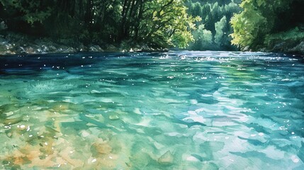 Obraz premium Tranquil River Scene: A Serene Watercolor Reflection of Nature's Beauty