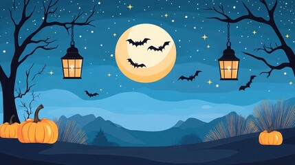 Fototapeta premium Spooky Halloween night scene with full moon, bats, pumpkins, lanterns, and barren trees against a starry sky.