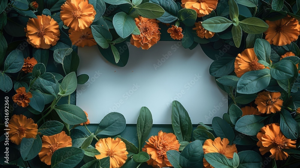 Poster A beautiful arrangement of Marigold flower and lush green leaves surrounding a blank white rectangular card. The flower are gracefully placed on the left and right sides. Generative AI.