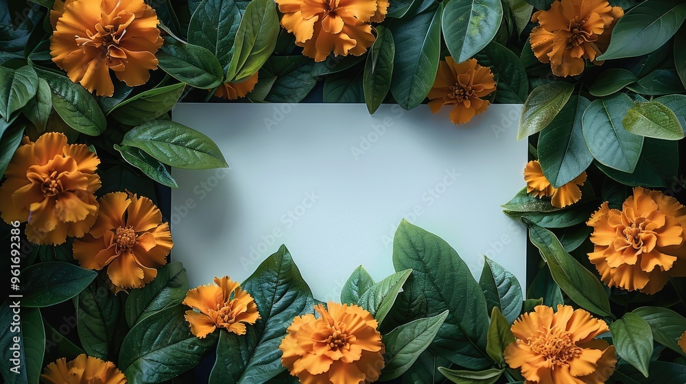 Poster A beautiful arrangement of Marigold flower and lush green leaves surrounding a blank white rectangular card. The flower are gracefully placed on the left and right sides. Generative AI.