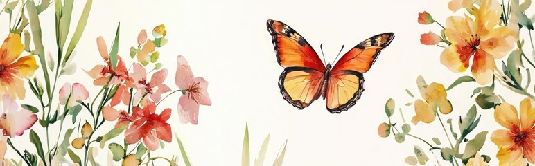 Naklejka premium Captivating Watercolor Artwork of a Butterfly Among Vibrant Flowers