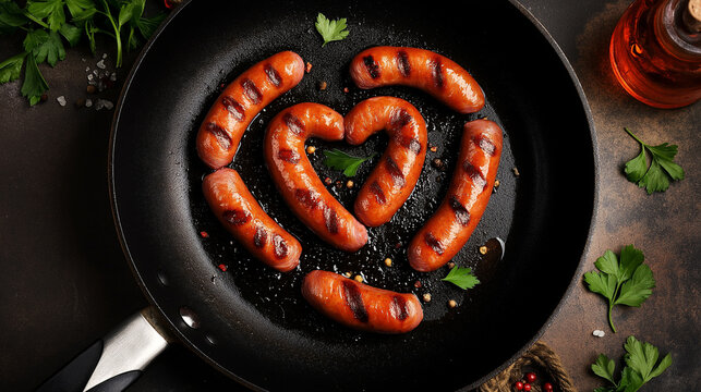 Knusprige Bratw&uuml;rste in Herzform gebraten. Gusseisenpfanne, goldbraune Krusten. Liebe zum Detail. Gem&uuml;tliche K&uuml;che. Foodfotografie. Rustikaler Charme. Perfekt f&uuml;r Valentinstag