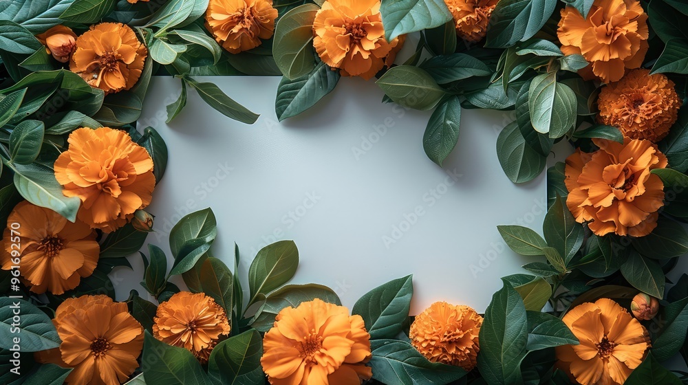 Poster A beautiful arrangement of Marigold flower and lush green leaves surrounding a blank white rectangular card. The flower are gracefully placed on the left and right sides. Generative AI.