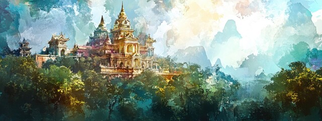 Majestic Temple Architecture Surrounded by Serene Nature and Colorful Skies